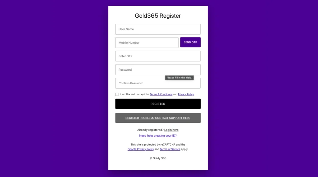 Gold365 login page